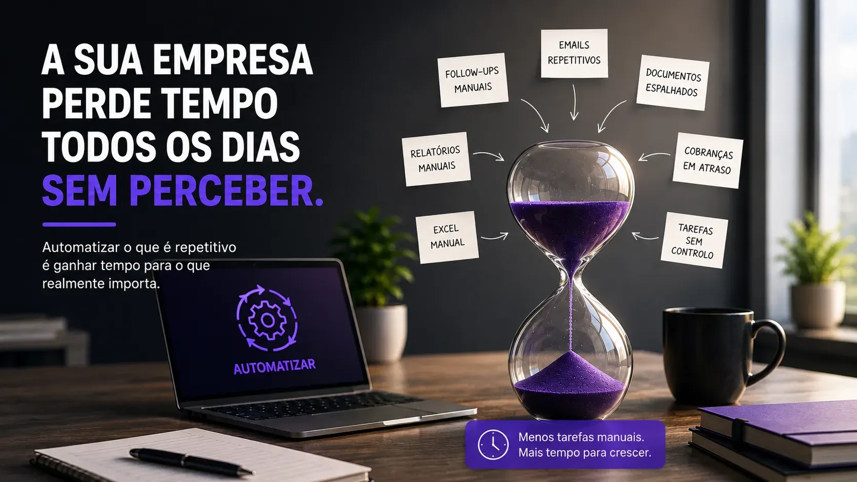 Ampulheta com areia roxa rodeada por post-its com tarefas operacionais manuais (emails repetitivos, follow-ups, documentos espalhados, relatórios manuais, Excel, cobranças em atraso e tarefas sem controlo), ao lado de um portátil com um botão “Automatizar”.