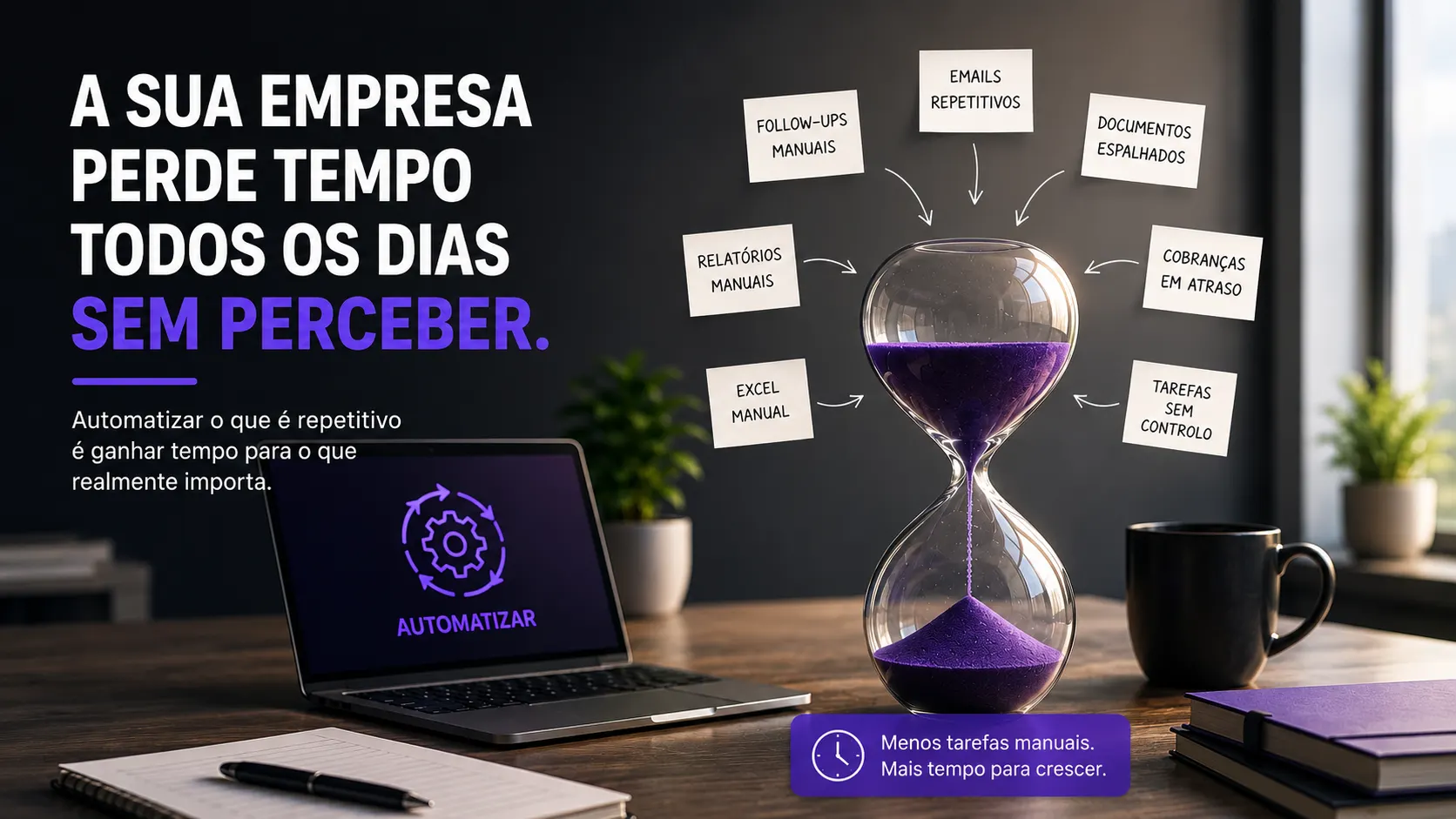 Ampulheta com areia roxa rodeada por post-its com tarefas operacionais manuais - emails repetitivos, follow-ups, documentos espalhados, relatórios manuais, Excel, cobranças em atraso e tarefas sem controlo - ao lado de um portátil com um botão “Automatizar”.