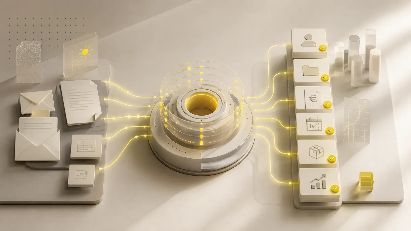 Ilustração 3D do programa de automação com IA da Enbiente: à esquerda, emails, documentos, folhas de cálculo e dados entram num núcleo de IA central; à direita, saem organizados e validados para contactos, ficheiros, orçamentos, assiduidade, produtos e análises.