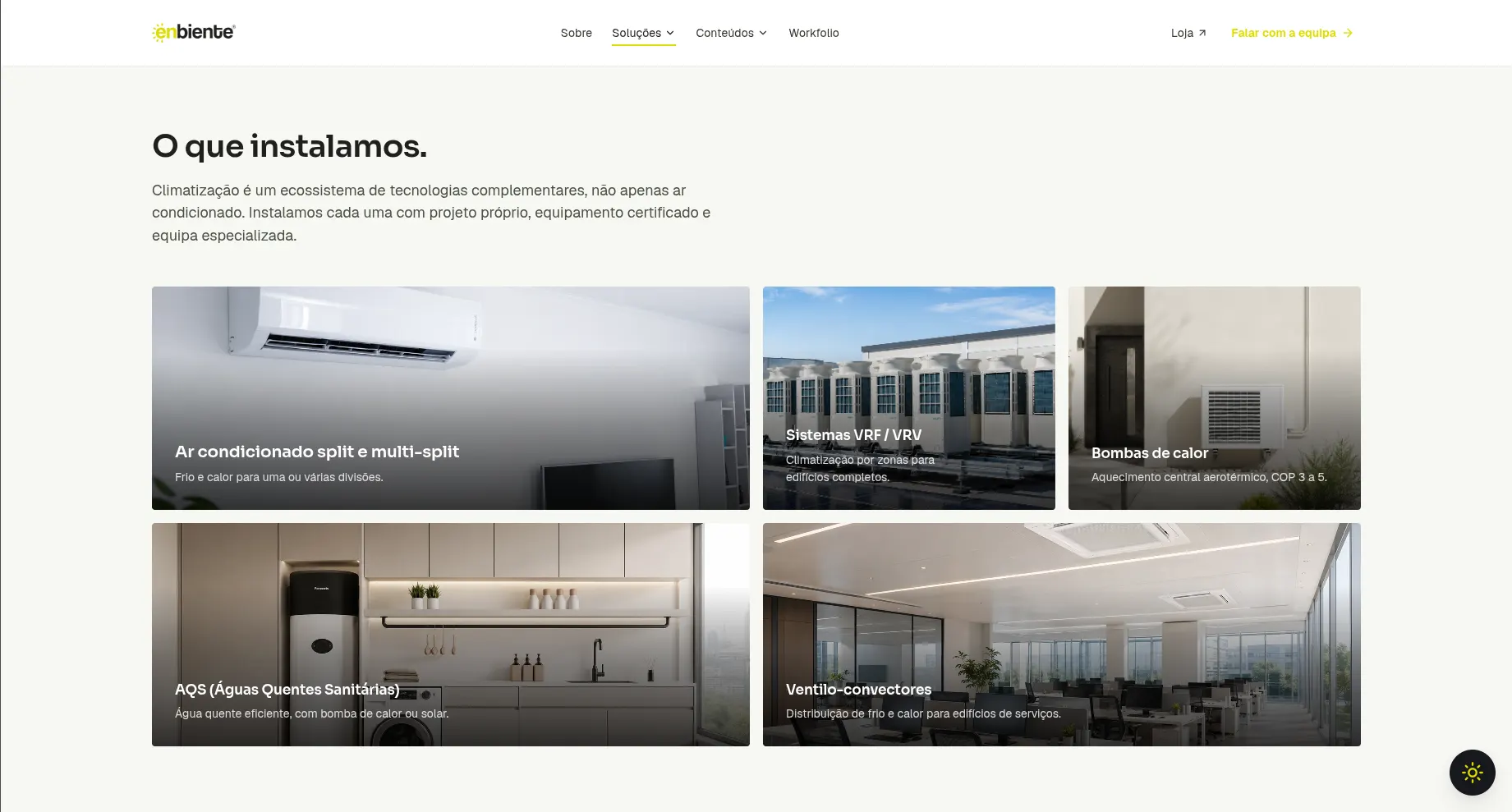 A página de climatização: o título «O que instalamos.», um parágrafo de contexto e cinco cartões com fotografia, cada um com o seu nome e uma linha de descrição: ar condicionado split e multi-split, sistemas VRF/VRV, bombas de calor, águas quentes sanitárias e ventilo-convectores.