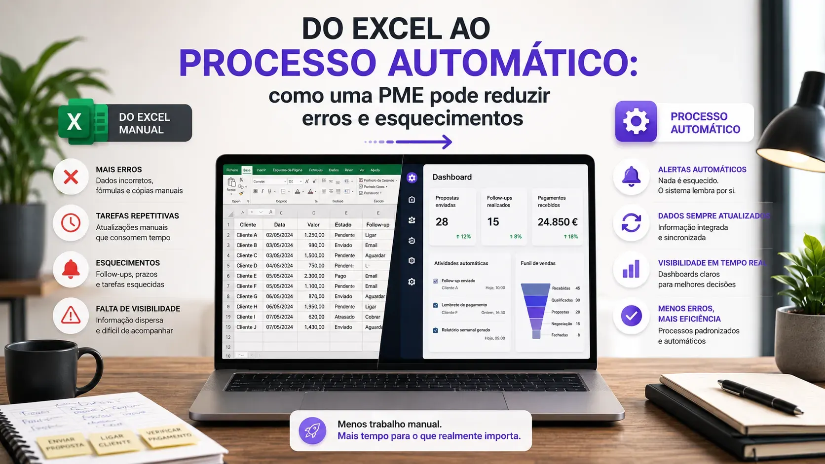 Portátil sobre uma secretária a mostrar um dashboard, ladeado por dois painéis comparativos: à esquerda “Do Excel manual” com problemas operacionais (mais erros, tarefas repetitivas, esquecimentos, falta de visibilidade), à direita “Processo automático” com benefícios (alertas automáticos, dados sempre atuais, rapidez de execução, menos erros).