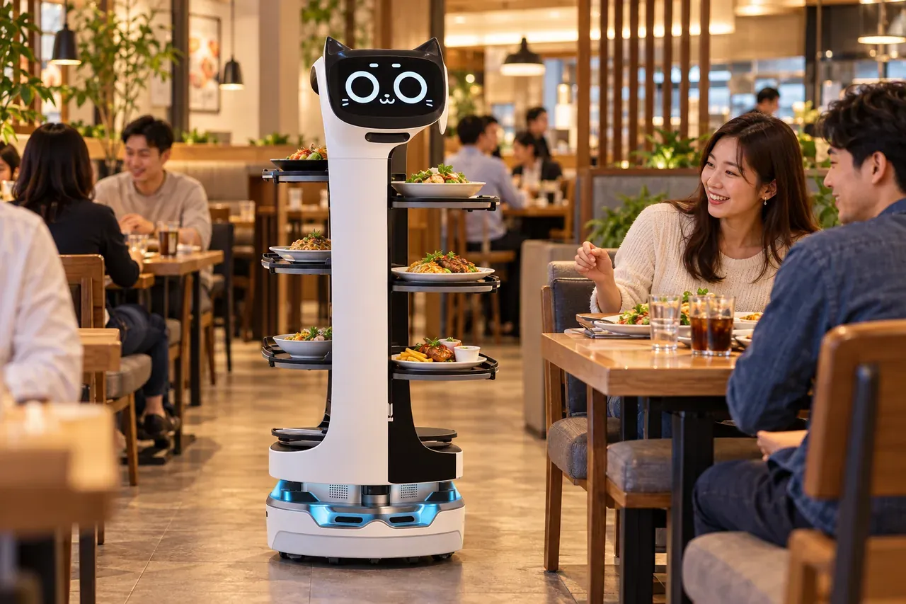 Robô de serviço PUDU BellaBot a levar pratos entre as mesas de um restaurante em pleno serviço.