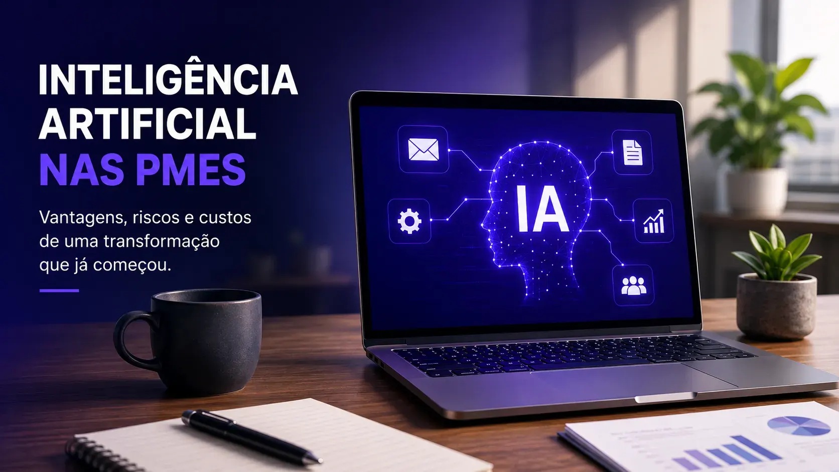 Portátil numa secretária a mostrar um ícone de cabeça digital identificado como “IA”, rodeado por pictogramas de email, documentos, definições, gráficos e pessoas.