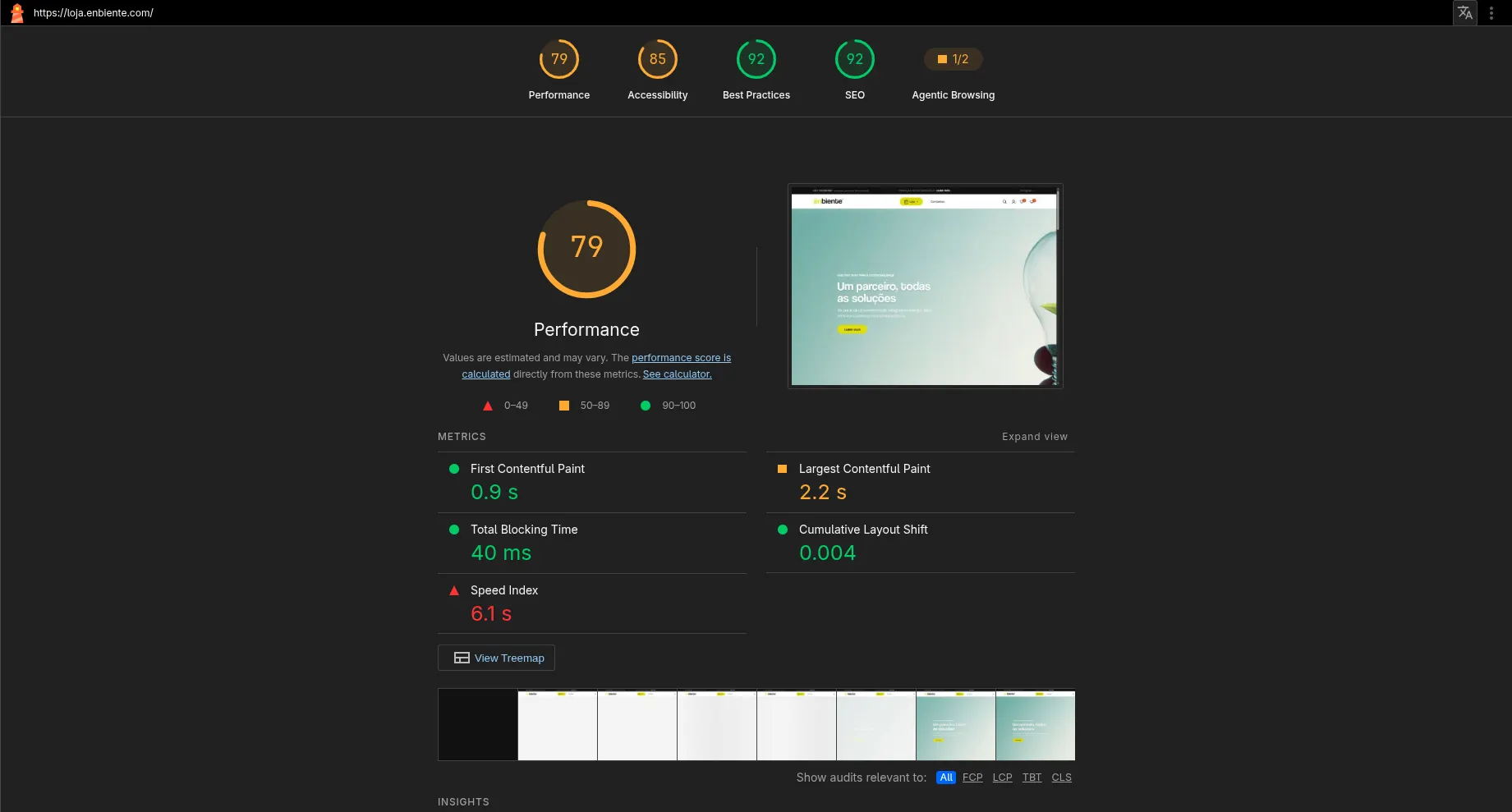 Relatório do Lighthouse para loja.enbiente.com: 79 em Performance a laranja, 85 em Acessibilidade, 92 em Boas Práticas e 92 em SEO. Nas métricas, First Contentful Paint a 0,9 s, Largest Contentful Paint a 2,2 s, Total Blocking Time a 40 ms, Cumulative Layout Shift a 0,004 e Speed Index a 6,1 s marcado a vermelho.
