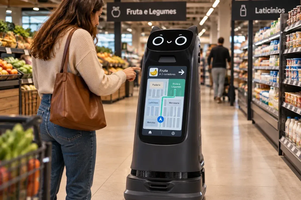 Robô de receção PUDU KettyBot Pro num supermercado, a mostrar o mapa da loja no ecrã a uma cliente.